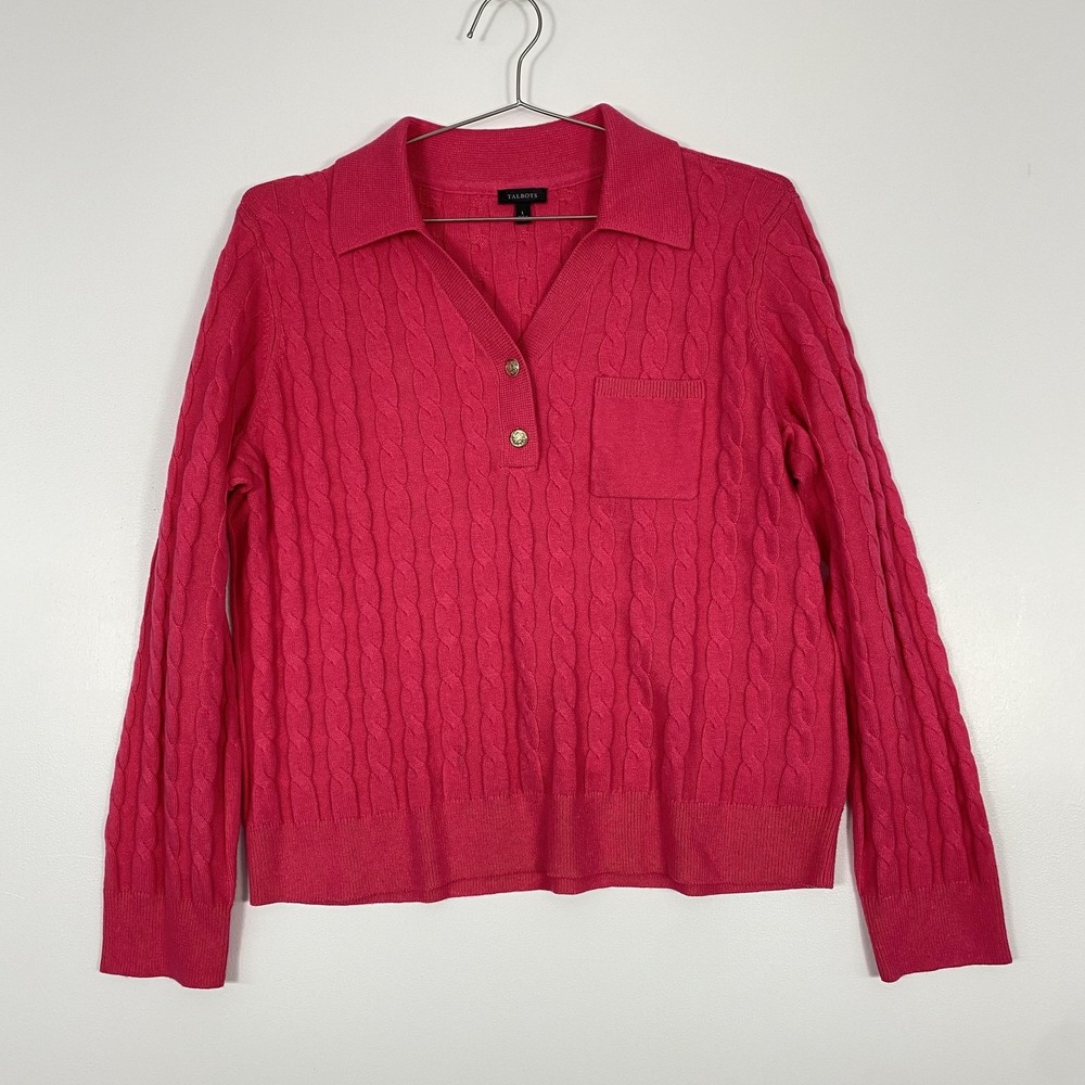 Talbots Sweater Womens Large Pink Cable Knit Collared Henley Pocket Pullover